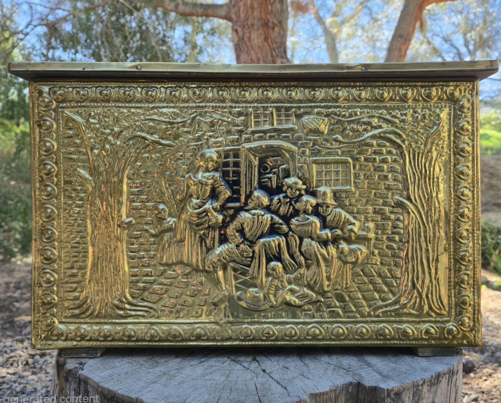 Vintage Hammered Brass On Wood Kindling/Coal Box