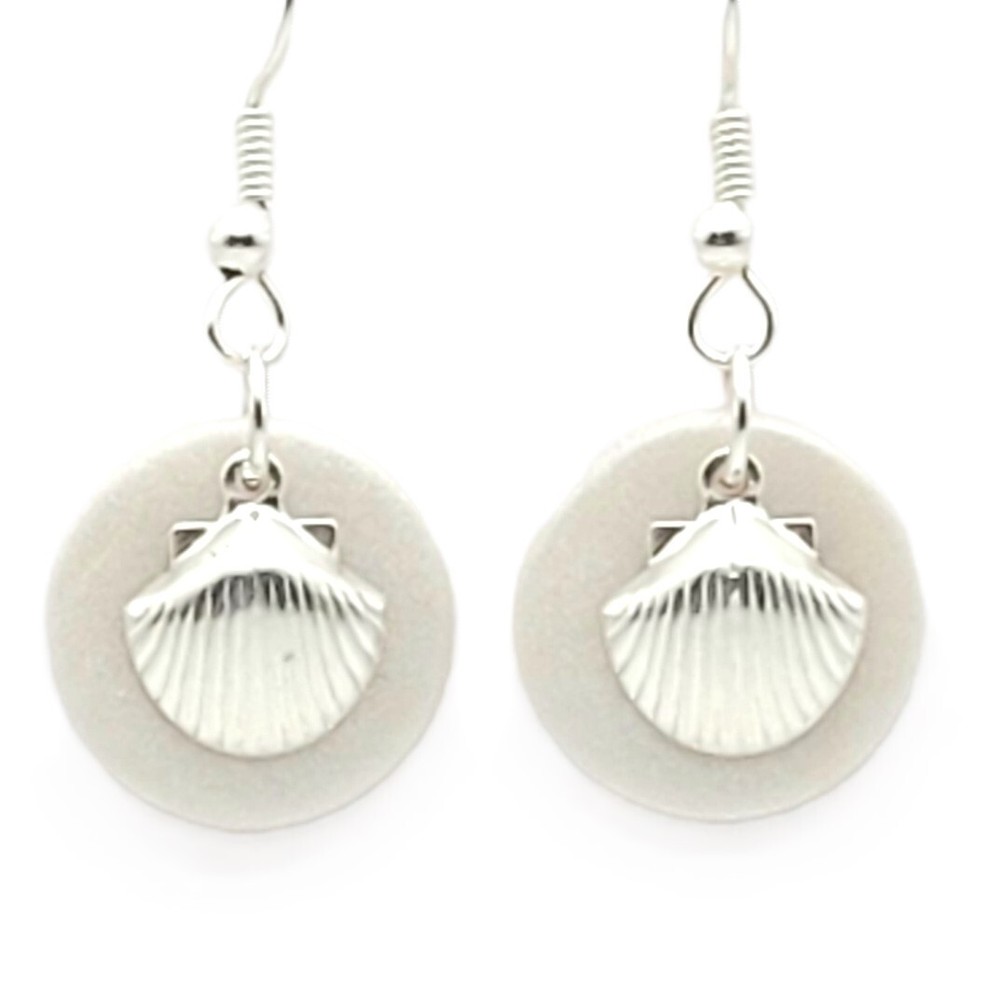 Pearlized White Earrings with Silver Shell Charms - Dangle Earrings - Handmade