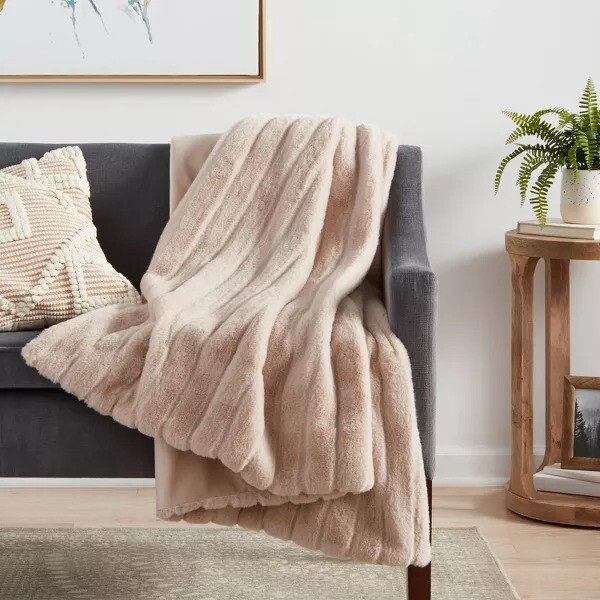 Textured Faux Fur Reversible Throw Blanket