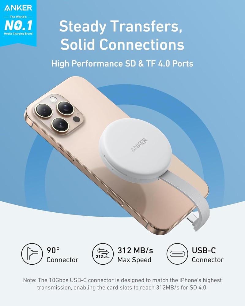 Anker Magnetic Memory Card Reader Built-in Cable USB-C Adapter for iPhone 16/15