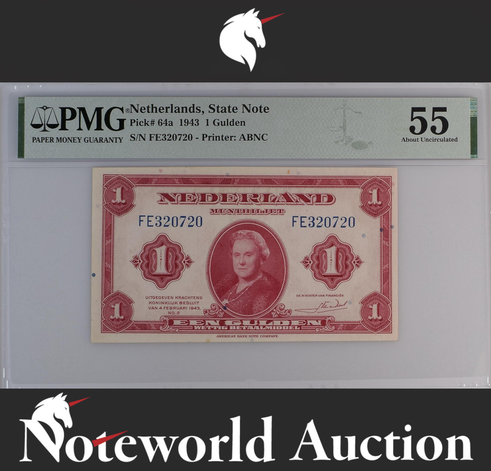 Netherlands State Note 1 Gulden 1943 P 64a AU PMG 55