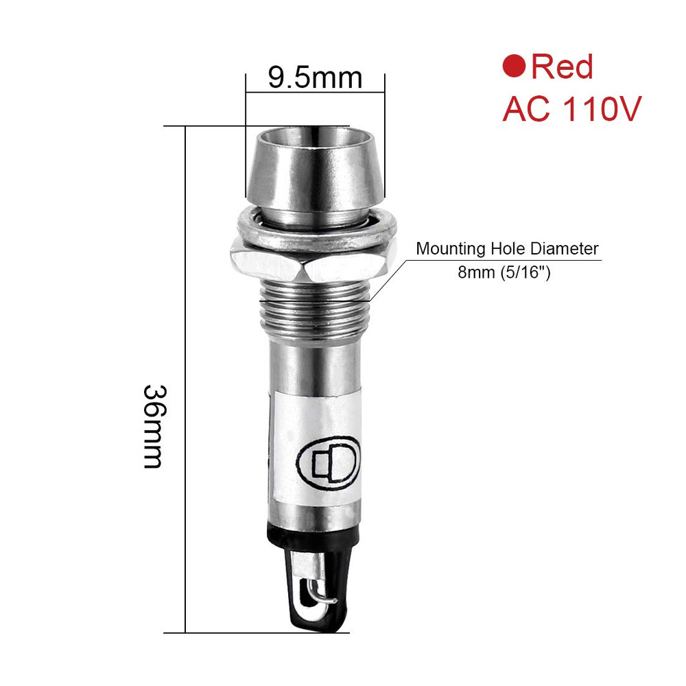 Indicator Light AC 110V, Red, Metal Shell Panel Mount 8Mm 5/16" 5Pcs
