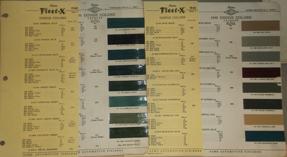 1940 Dodge Color Chips 2 Sheets