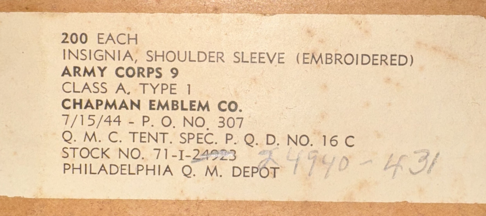 Original government issue bundle of 20 WW II era IX Corps SSI Patches dealer lot