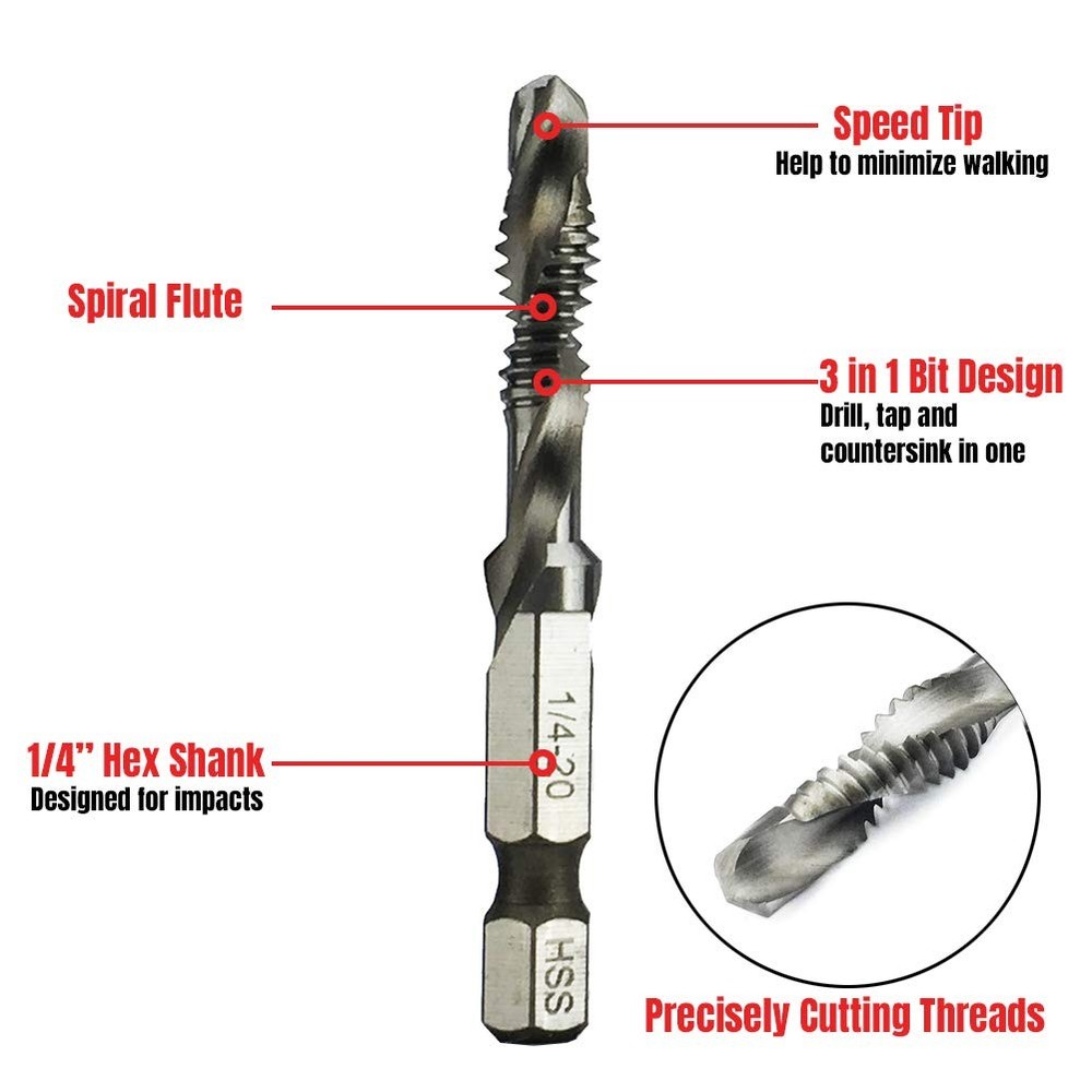 NORTOOLS Drill Tap HSS Combination and Set with 1/4 Inch Quick...