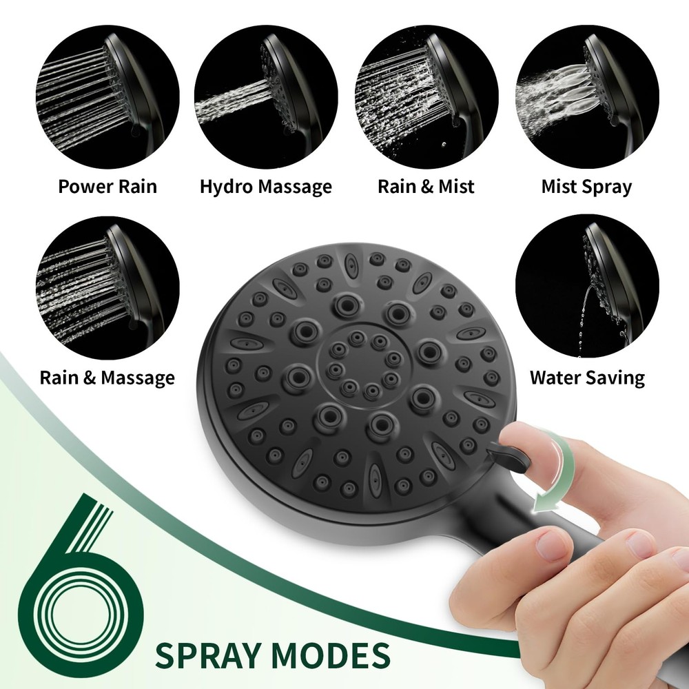 Matte Black Shower Head, 6 Spray Modes Handheld Showerhead, High