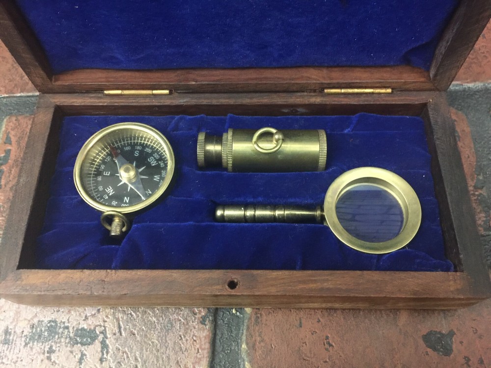 Vintage Navigation Set, Telescope, Compass, Magnifying Glass
