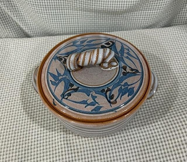 Studio Art Pottery Signed 8” Diameter Crock With Lid Curly Handle