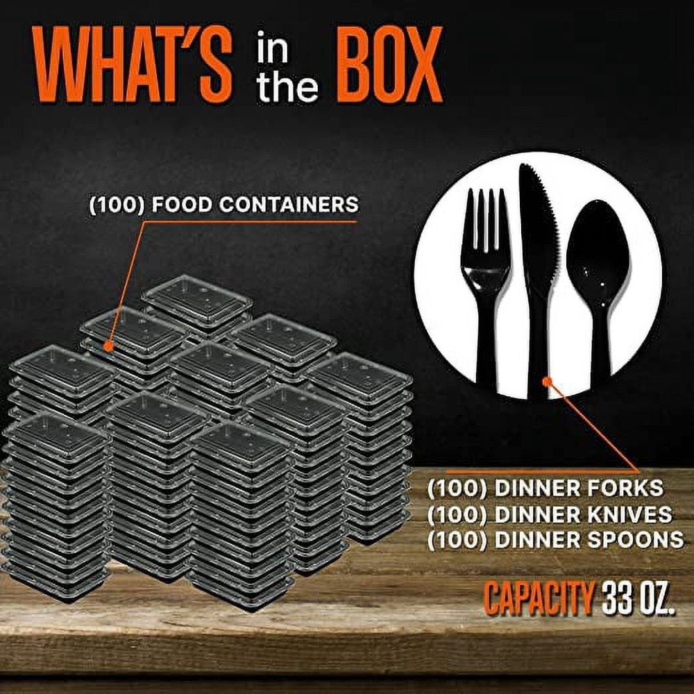 Microwavable Food Container W/ Utensil Set Black Rectangular Meal box storage W/