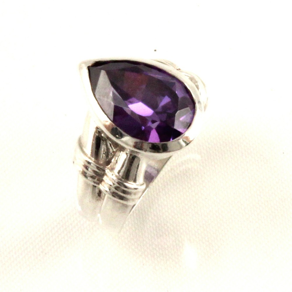 Solid Sterling Silver .925 Classic Pear Amethyst Solitaire Ring TPJ