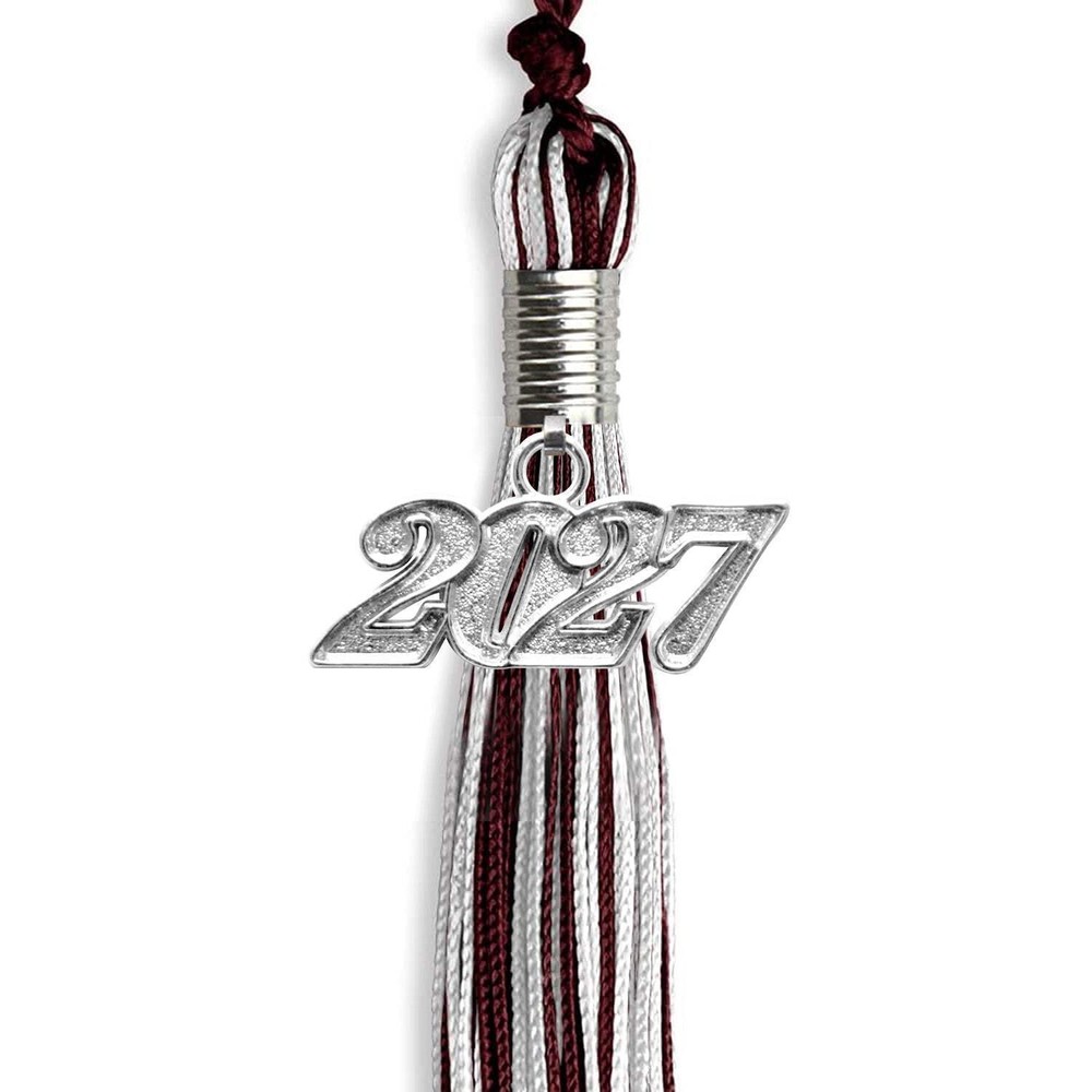 Endea Graduation Maroon/Silver/White Mixed Color Tassel with Silver Date Drop