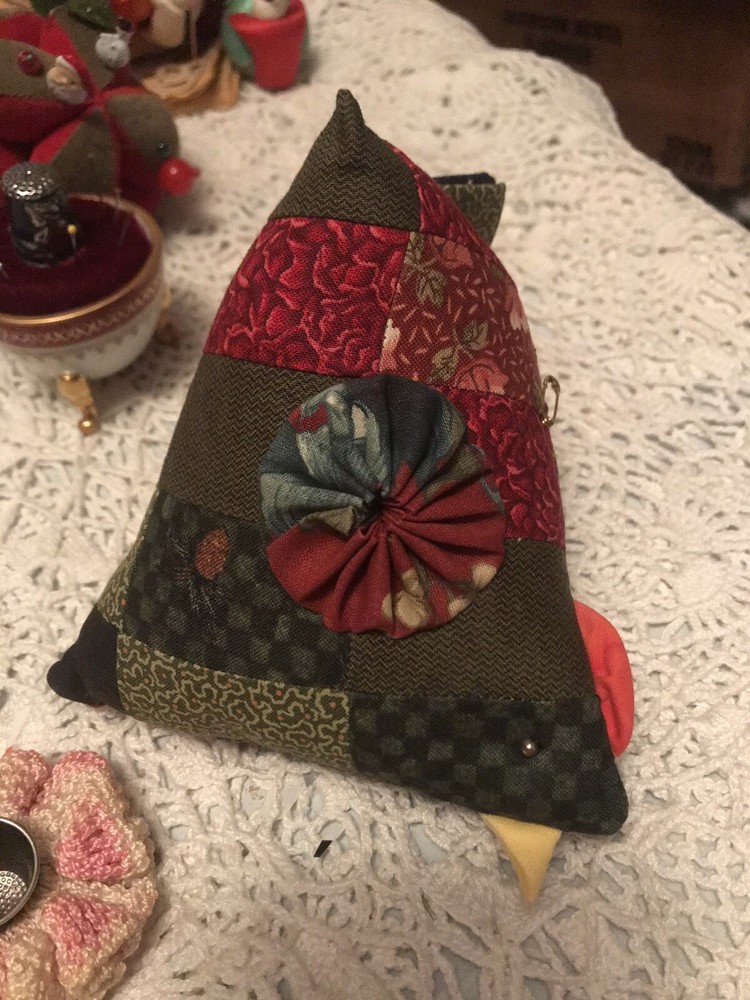 vintage patchwork pin cushion with crocheted Thimble cover & Thimble