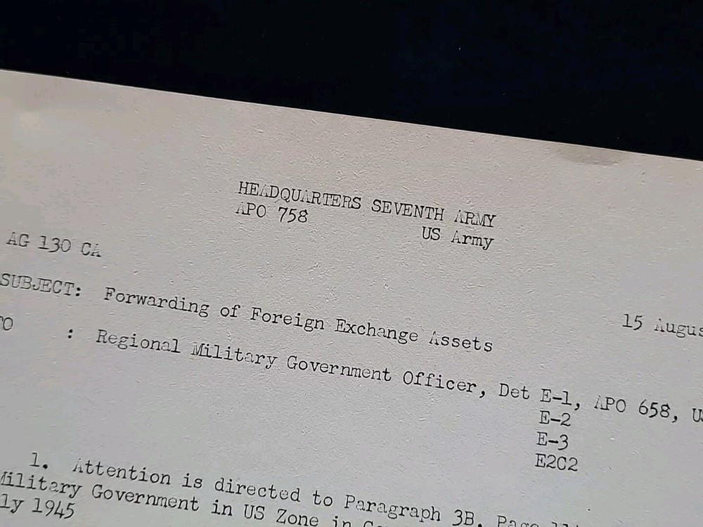 1945 Germany WWII US Army War Military Document Forward Foreign Exchange Assets