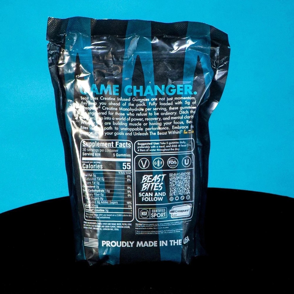 Creatine Infused Gummies by Beast Bites – Blue Raspberry (150 Servings)