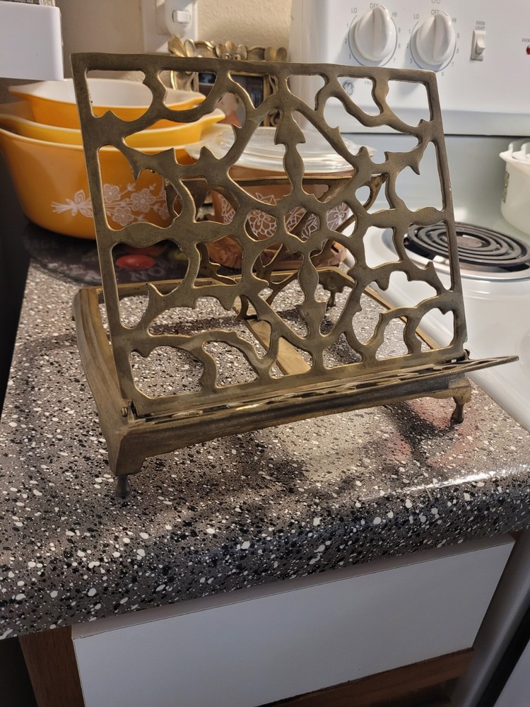 Vintage Ornate Brass Metal Book Stand, Adjustable & Foldable, Rectangular, 9"