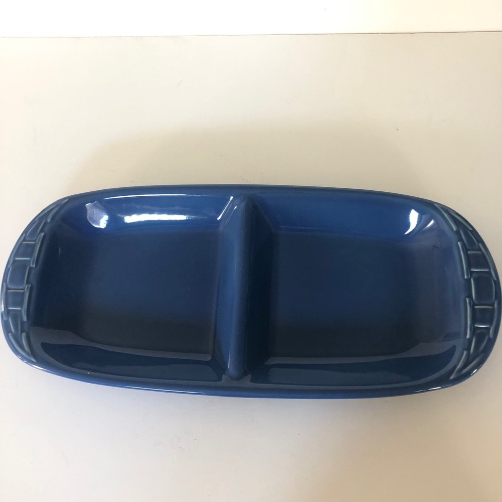 Longaberger Cornflower Blue Pottery Divided Dish Bakeware #31206 -15" x 7"