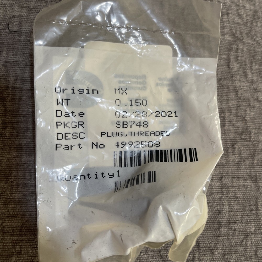 OEM Cummins Threaded Plug 4992508 NEW SEALED