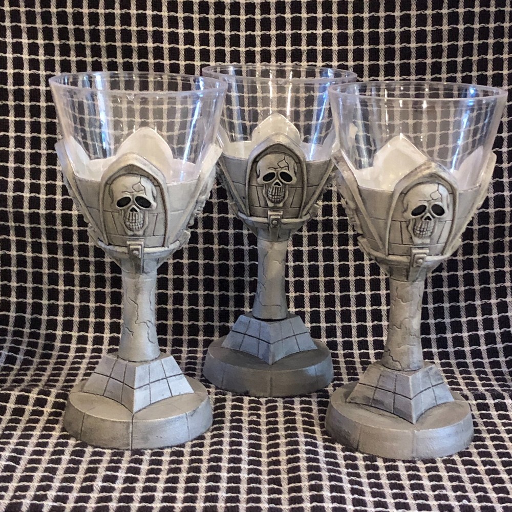 3 Scary Skeleton Plastic Halloween Goblets, Stem Glasses