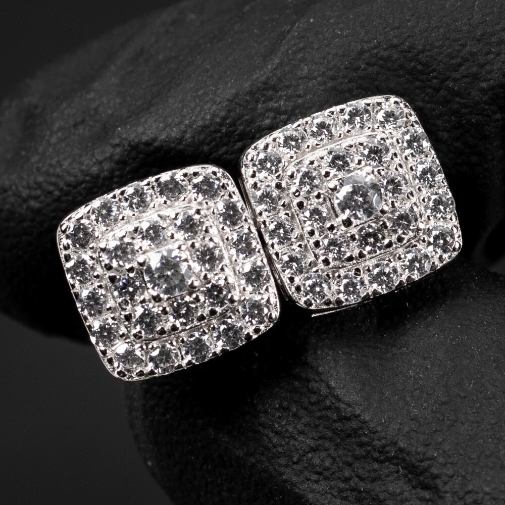 Iced Cz Square Sterling Silver White Gold Plated Cube Shaped Stud Earrings