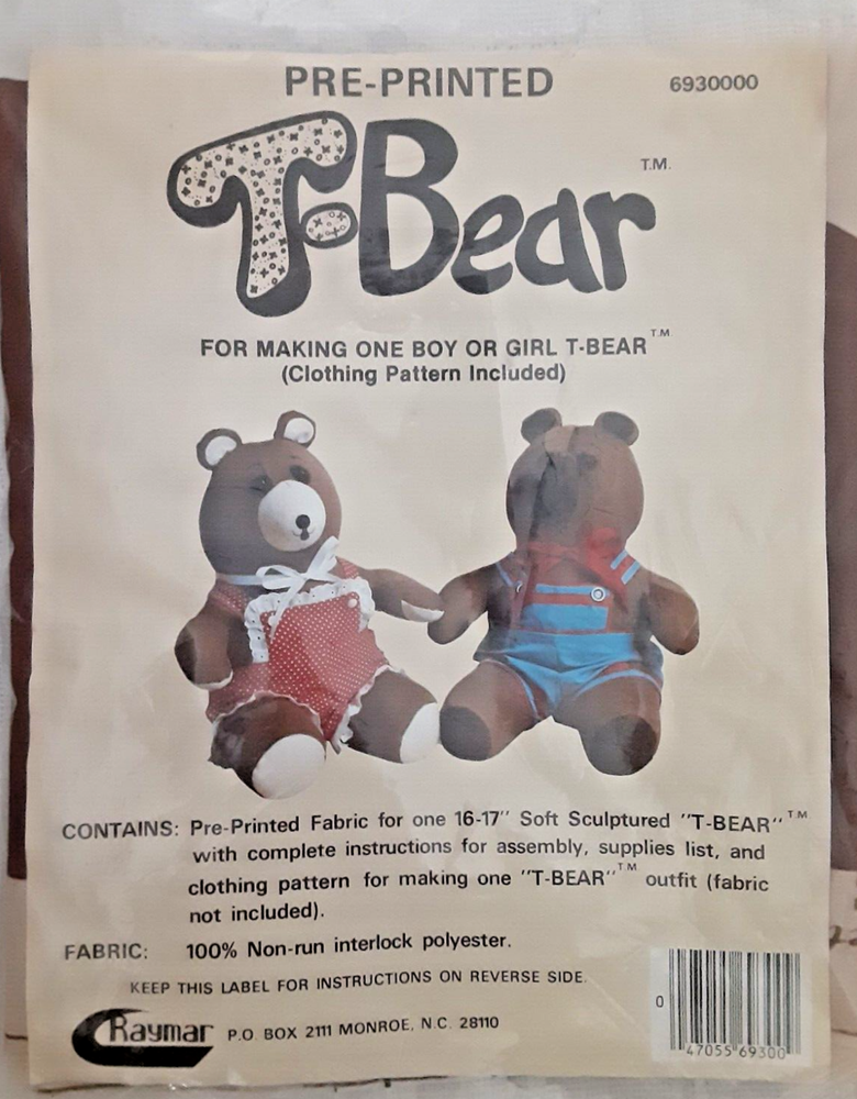 Raymar T-BEAR Fabric Sewing Panel Pattern Stuffed Animal TEDDY BEAR Kit (H)