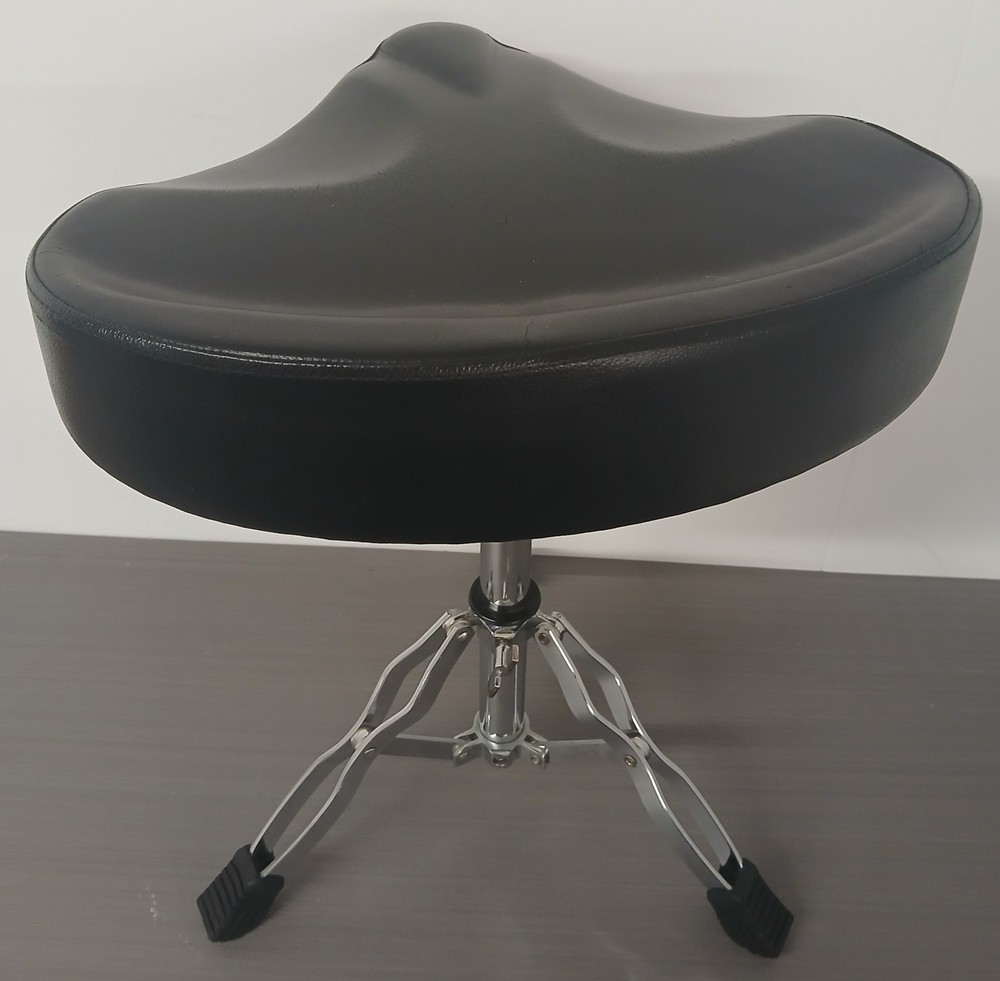 #845 Double Braced Solid Saddle Drum Throne Stool Padded Seat Chrome Black