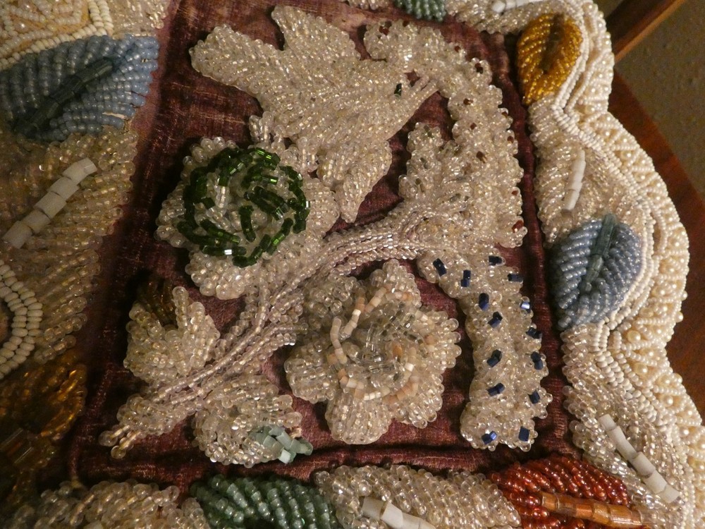 Antique Glass Bead Panel w/ Bird & Leaves