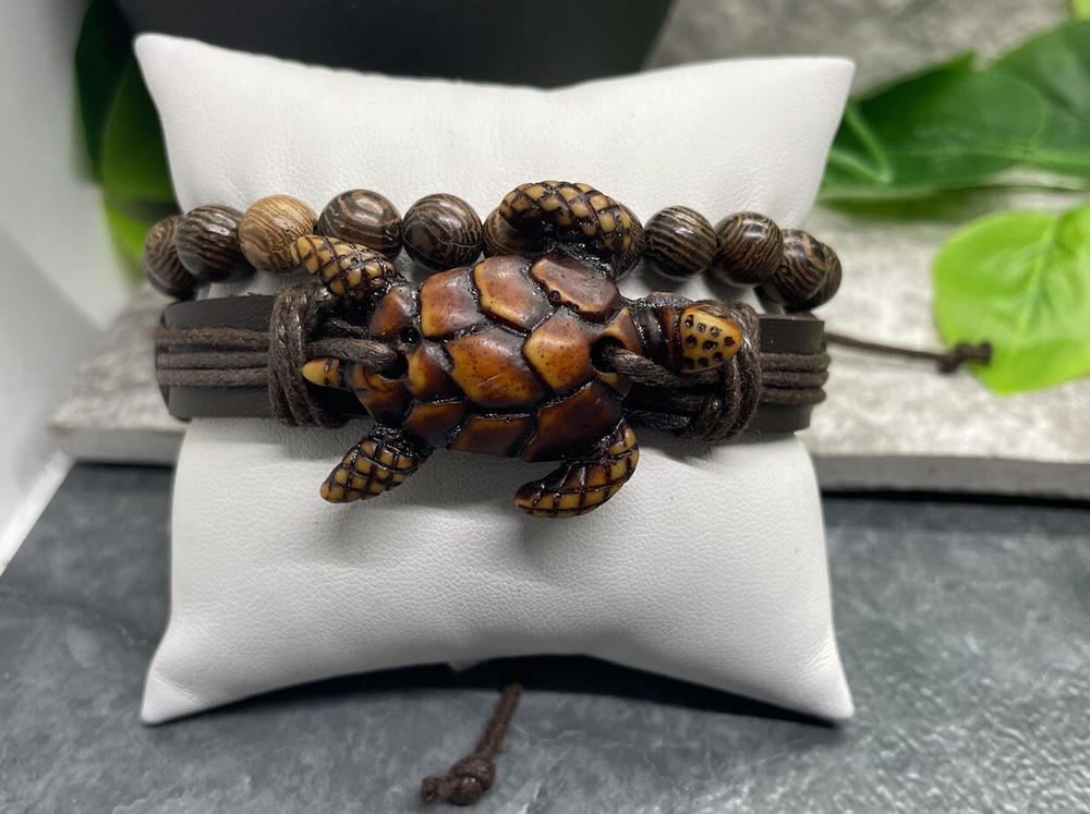 2 PC Leather Bracelet Wood Bead Stackable Adjustable Tie Free Ship B2905