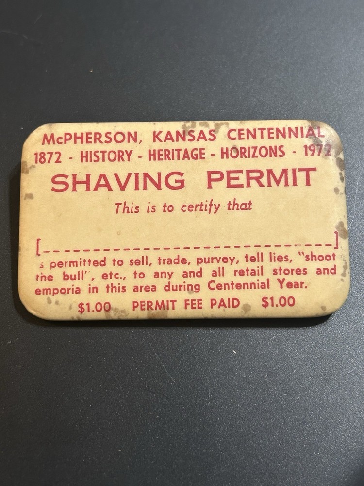 McPHERSON, KANSAS Centennial SHAVING Permit Pinback No Tracking On Package ￼