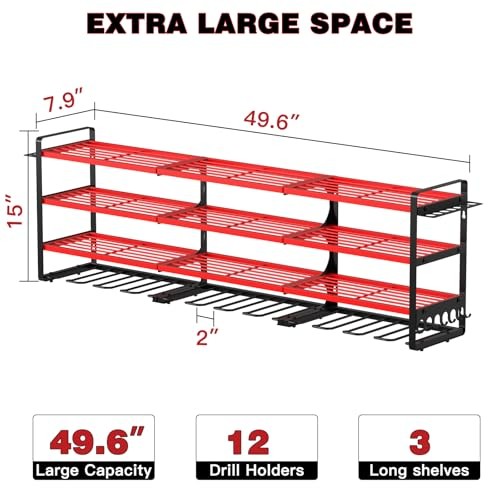 Large Power Tools Organizer Wall Mount,12 Drill Holder for Garage, Workshop Red