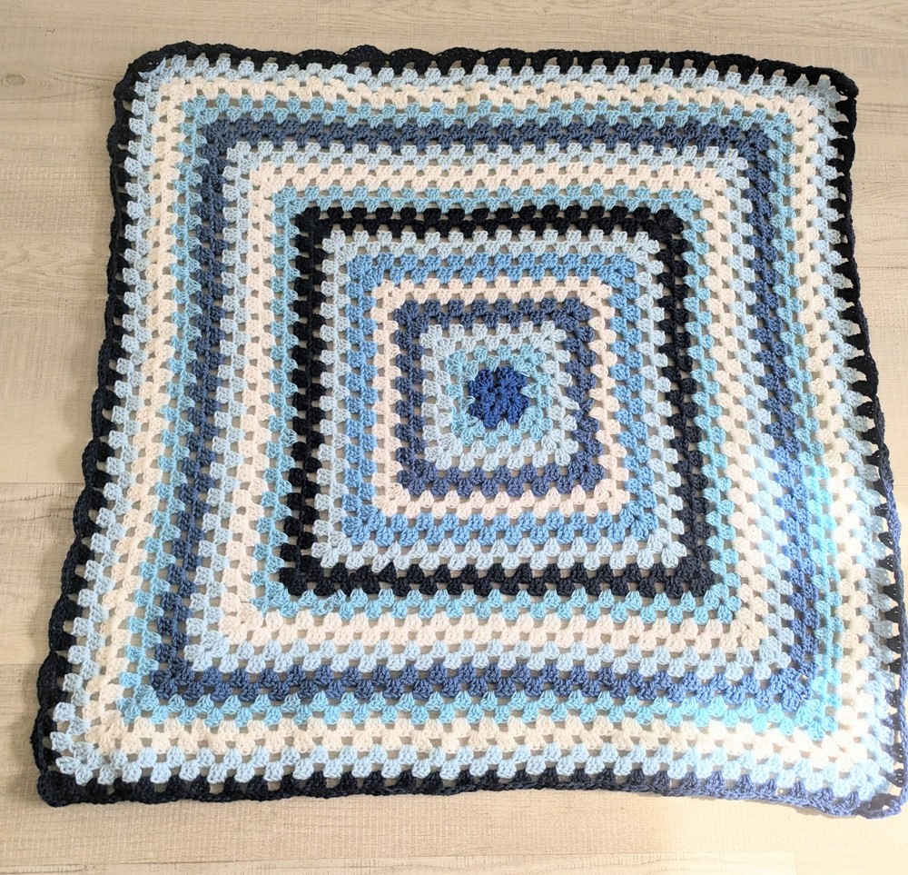 Crocheted Blue And White Pram Blanket