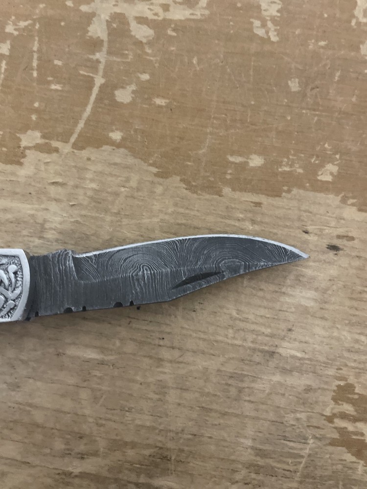 Custom Damascus Lockback Folding Pocketknife Engraved Bolsters With Leather Case