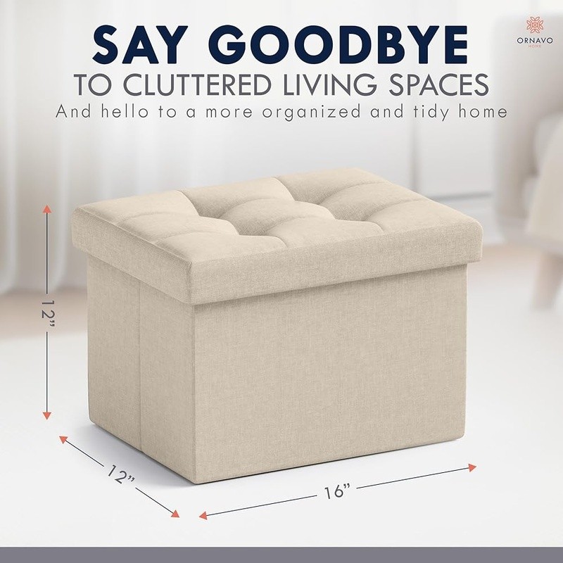 Foldable Storage Ottoman Multi-Use Footrest Comfortable Linen Rectangular Design