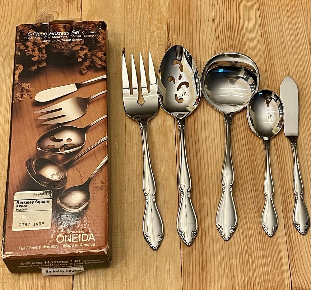Oneida Berkeley Square 5 Piece Serving Utensils Hostess Set Knife Fork Spoons f1