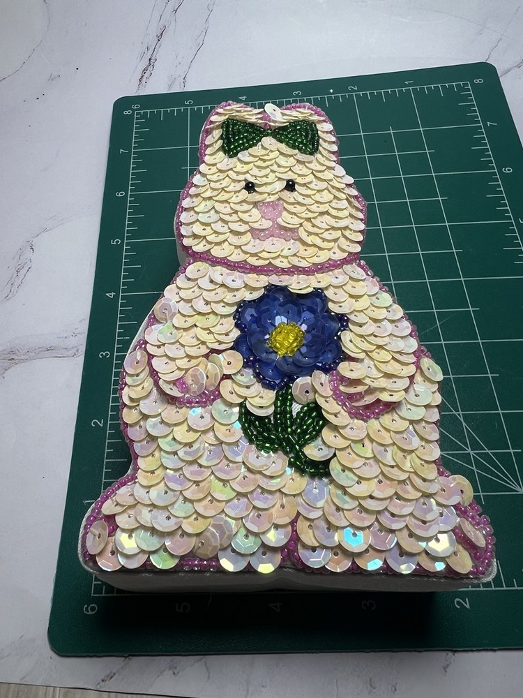 Vintage Easter Bunny Beaded Sequined Trinket Box Gift Holder Spring Decoration