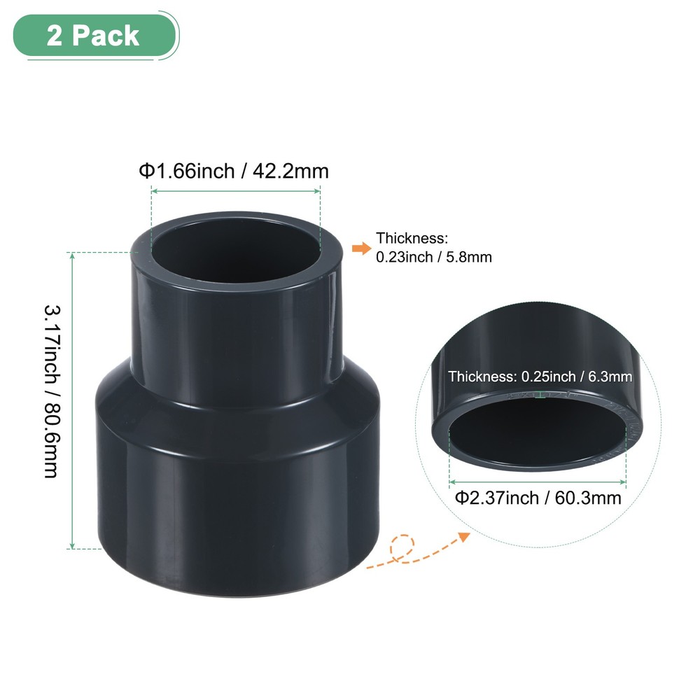2-Pack UPVC Reducer Pipe Fitting, 2"*1-1/4" Reducing Coupling Connector, Grey