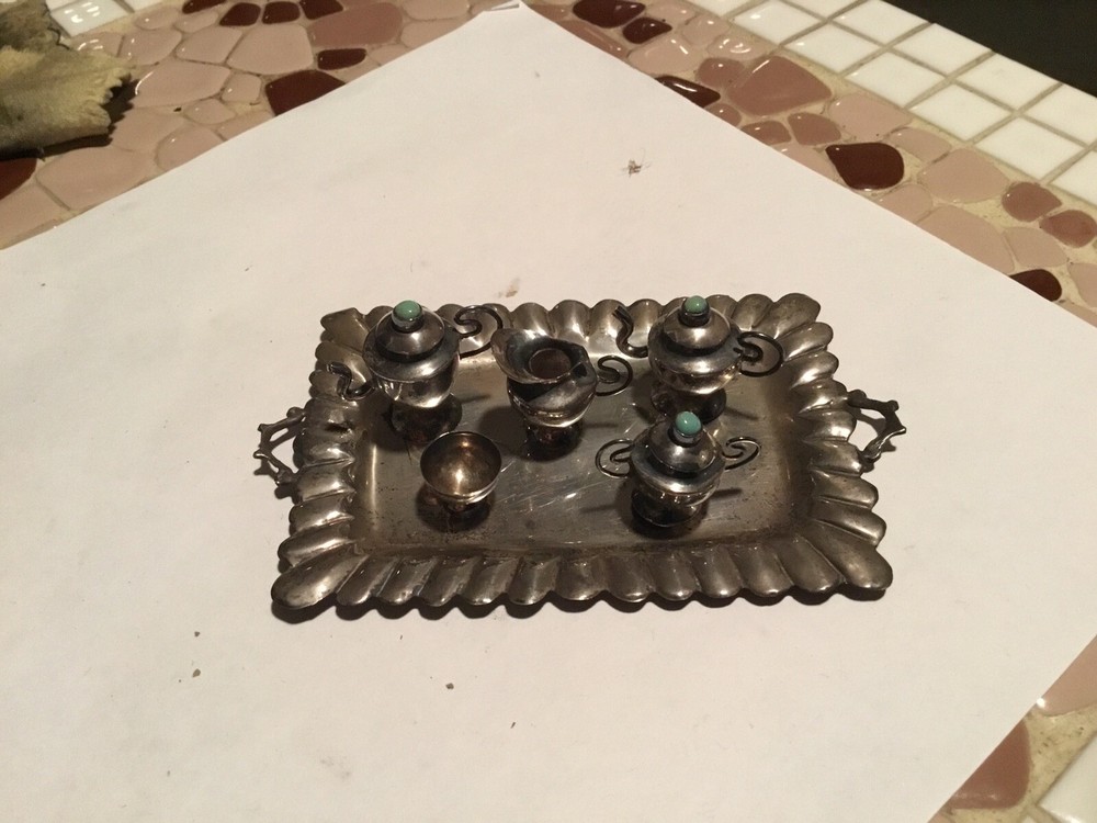 AUTHENTIC STERLING SILVER Miniature tea set turquoise lids from Mexico