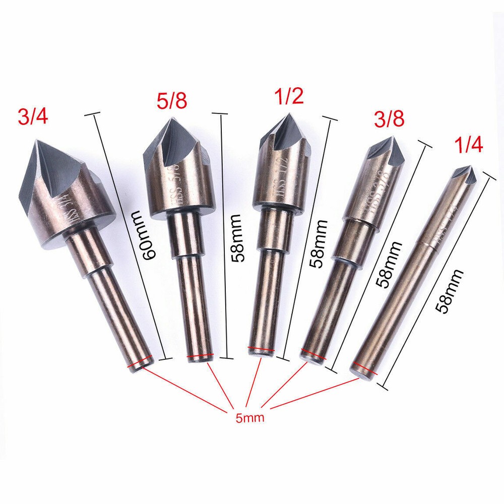5 Flute HSS Chamfer Chamfering End Mill Cutter Bit 3/4'' 5/8'' 1/2'' 3/8'' 1/4"