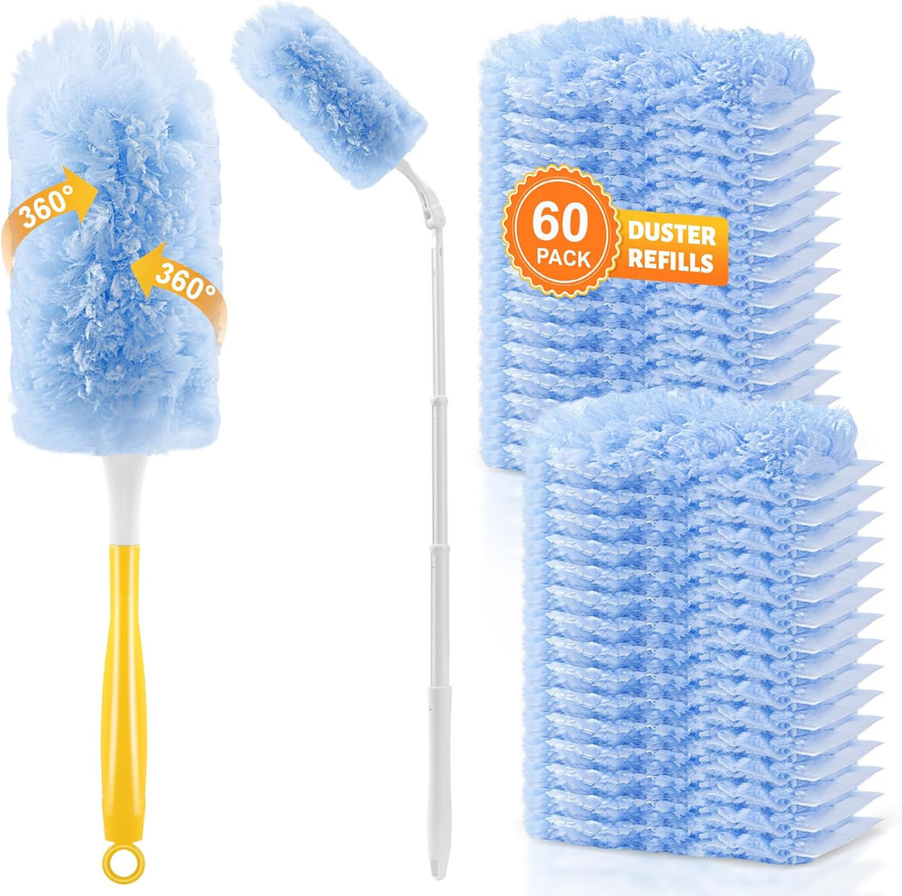 60-Pack Heavy Duty Duster Refills Compatible with Swiffer, 3FT Extendable Handle