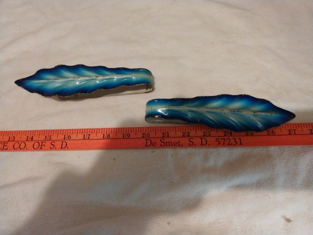 Vintage Metal Pair Curtain Tie Backs / pull backs Blue Leaf or Feather