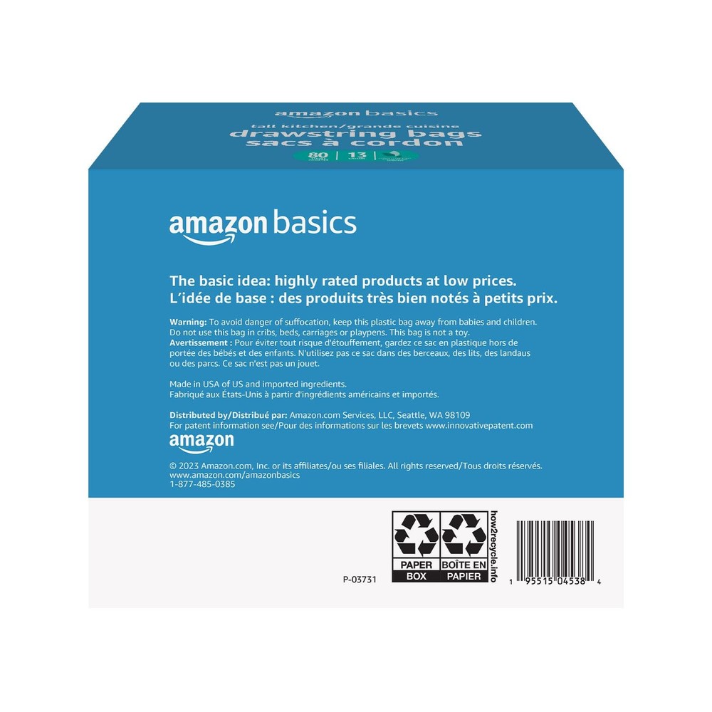 Amazon Basics Ultra-Force Tall Kitchen Drawstring 1 Count (Pack of 80), White