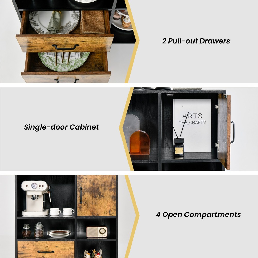 Buffet Cabinet w/ Spacious Tabletop & 2 Pull-out Drawers Rustic Brown Black