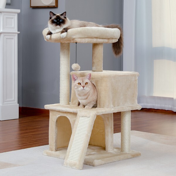 Cat Tree Cat Tower with Double Condos Spacious Perch Sisal Scratching Post Beige