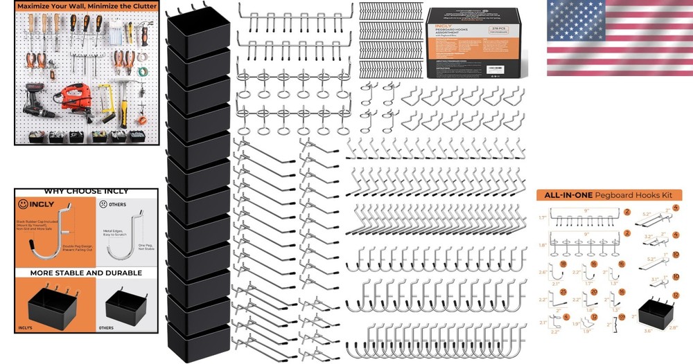 Complete 278PCS Pegboard Hooks Kit with Bins for Garage & Workshop Organization