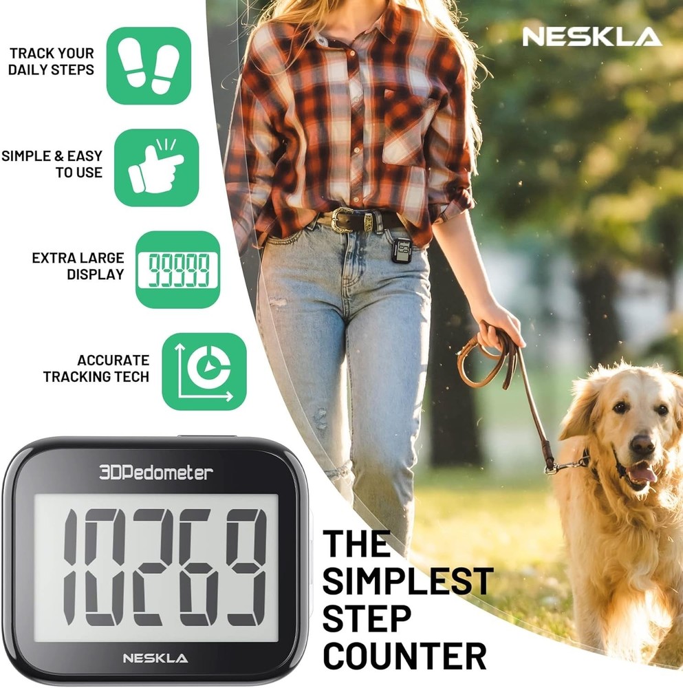 Neskla 3D Pedometer: Accurate Step Counter with Large Display, No Bluetooth