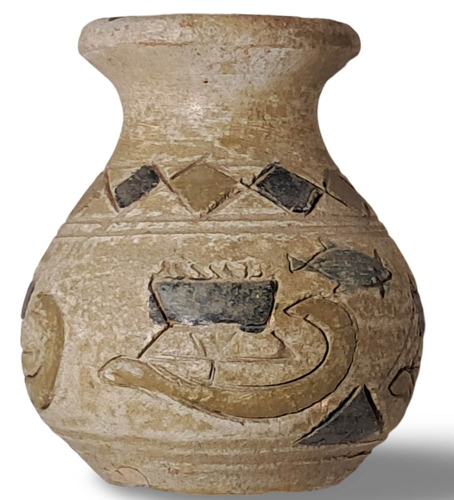Primitive Style Clay Vase has Fish Boat Diamond Pattern Painted Scraffito Small