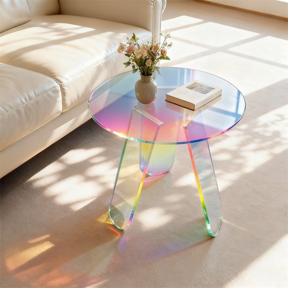 Round Iridescent Rainbow Coffee Table Acrylic Sofa Side End Table Triangle Legs