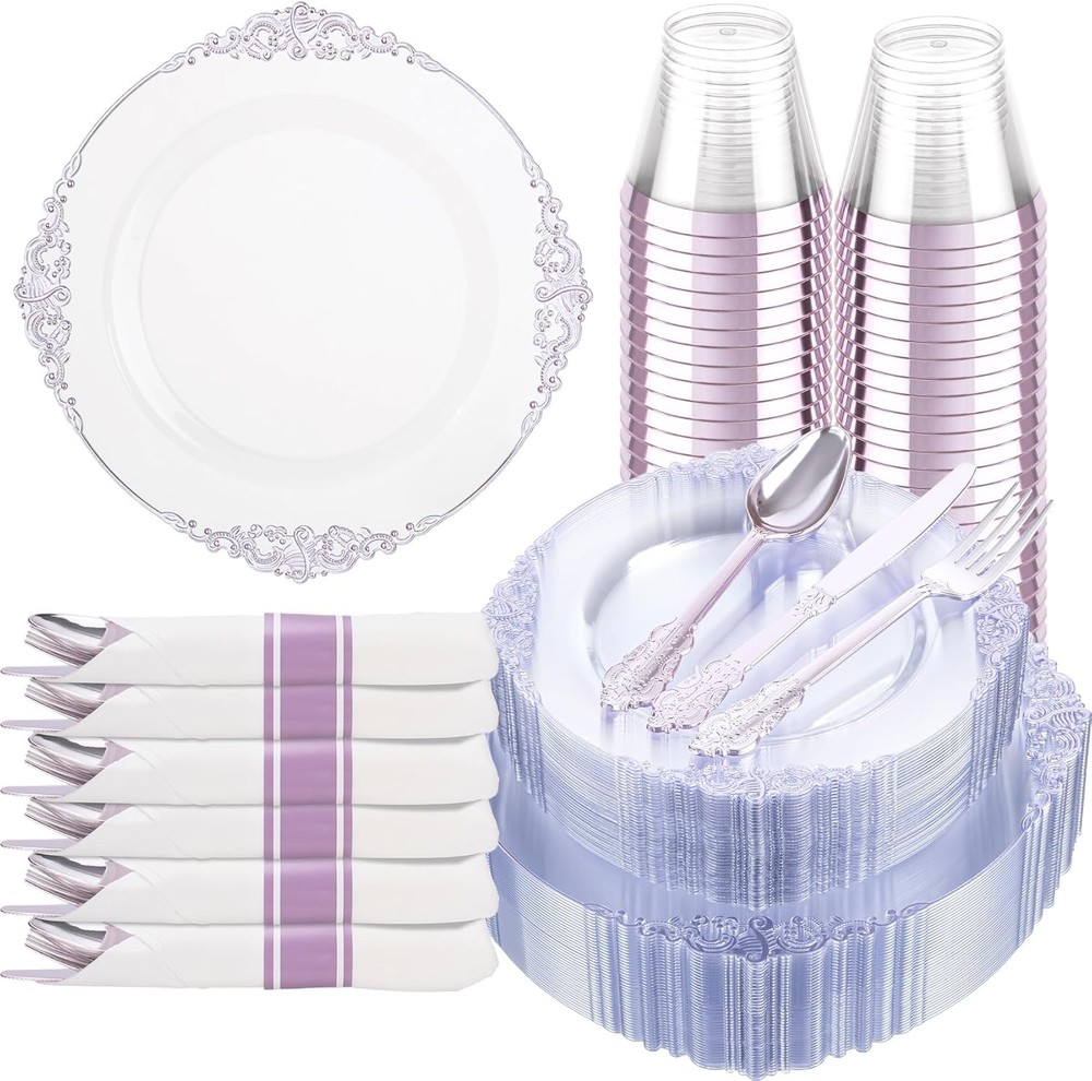 175pcs Blue & Silver Plastic Plates Elegant Disposable Dinnerware Set Suitable