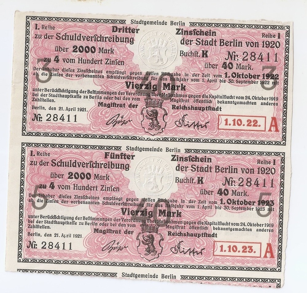 GERMANY  notgeld Berlin 1921  2 X 40 mark uncut UNC!!!!