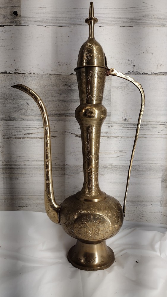 Large Etched Antique Middle Eastern Solid Brass Tea Coffee Pot Pitcher Vase 18IN