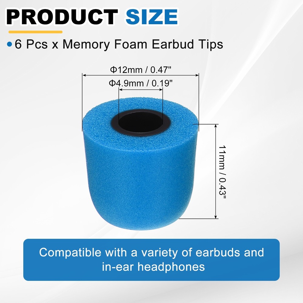 Memory Foam Earbud Tips (4.9mm/0.19"), 6Pcs - Medium Ear Bud Tips, Blue